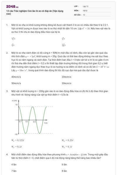 12 câu Trắc nghiệm Con lắc lò xo có đáp án (Vận dụng cao)