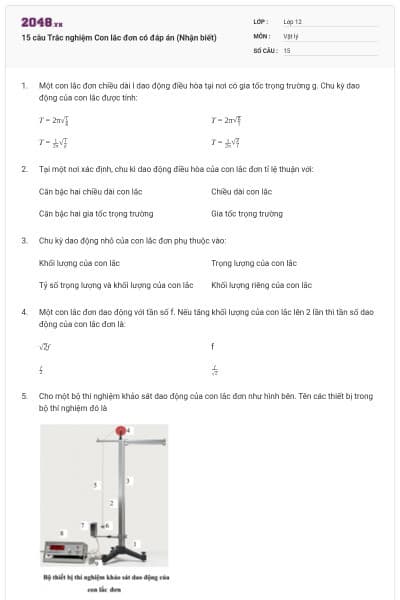 15 câu Trắc nghiệm Con lắc đơn có đáp án (Nhận biết)