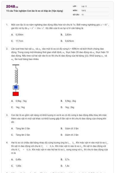 15 câu Trắc nghiệm Con lắc lò xo có đáp án (Vận dụng)