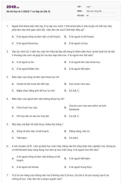 Đề thi Học kì 2 GDCD 7 có đáp án (Đề 4)
