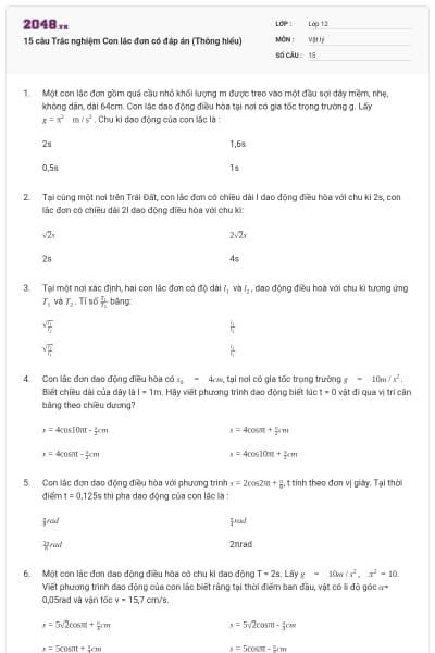 15 câu Trắc nghiệm Con lắc đơn có đáp án (Thông hiểu)