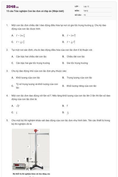 15 câu Trắc nghiệm Con lắc đơn có đáp án (Nhận biết)