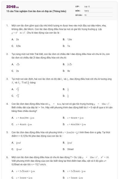 15 câu Trắc nghiệm Con lắc đơn có đáp án (Thông hiểu)