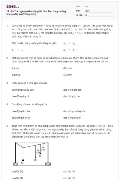 11 câu Trắc nghiệm Dao động tắt dần. Dao động cưỡng bức có đáp án (Thông hiểu)