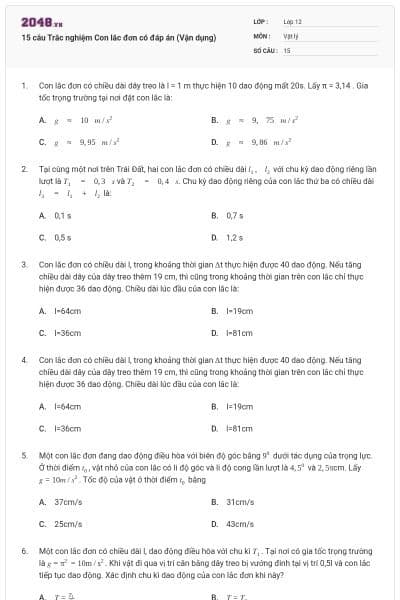 15 câu Trắc nghiệm Con lắc đơn có đáp án (Vận dụng)