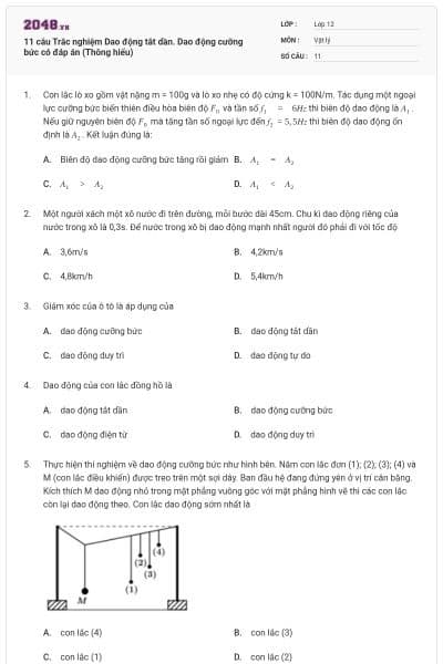 11 câu Trắc nghiệm Dao động tắt dần. Dao động cưỡng bức có đáp án (Thông hiểu)
