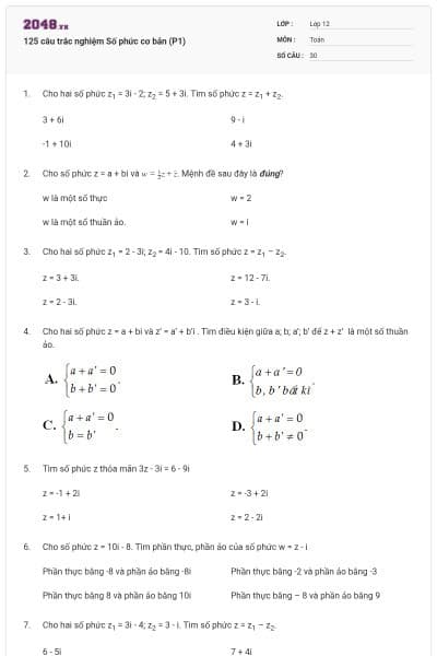 125 câu trắc nghiệm Số phức cơ bản (P1)