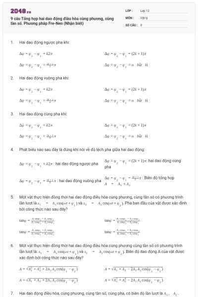 9 câu Tổng hợp hai dao động điều hòa cùng phương, cùng tần số. Phương pháp Fre-Nen (Nhận biết)