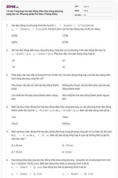 14 câu Tổng hợp hai dao động điều hòa cùng phương, cùng tần số. Phương pháp Fre-Nen (Thông hiểu)