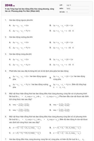 9 câu Tổng hợp hai dao động điều hòa cùng phương, cùng tần số. Phương pháp Fre-Nen (Nhận biết)