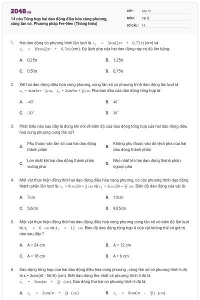 14 câu Tổng hợp hai dao động điều hòa cùng phương, cùng tần số. Phương pháp Fre-Nen (Thông hiểu)