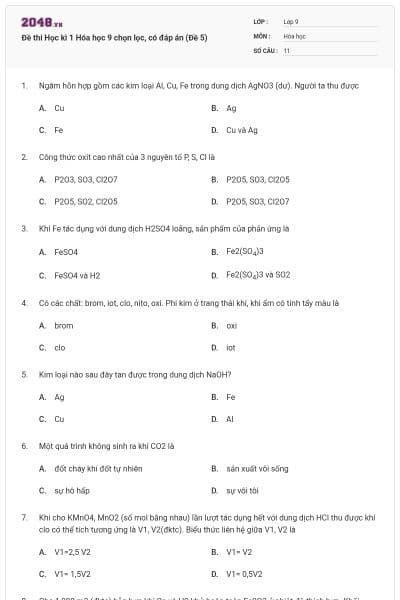 Đề thi Học kì 1 Hóa học 9 chọn lọc, có đáp án (Đề 5)