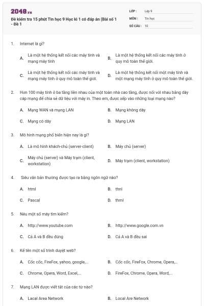 Đề kiểm tra 15 phút Tin học 9 Học kì 1 có đáp án (Bài số 1 - Đề 1