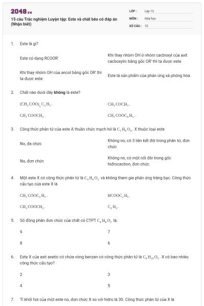 15 câu  Trắc nghiệm Luyện tập: Este và chất béo có đáp án (Nhận biết)