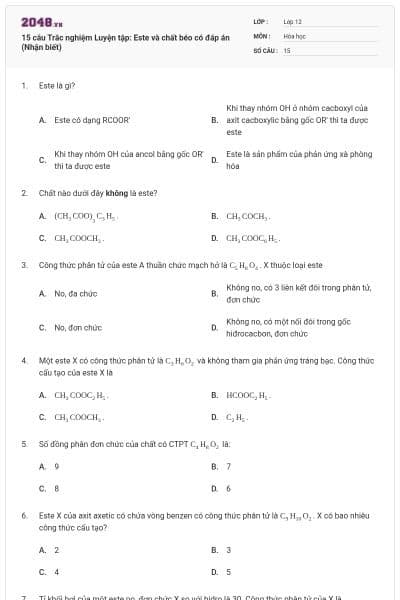 15 câu  Trắc nghiệm Luyện tập: Este và chất béo có đáp án (Nhận biết)