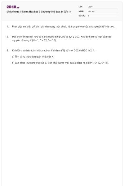 Đề kiểm tra 15 phút Hóa học 9 Chương 4 có đáp án (Đề 1)