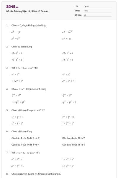 68 câu Trắc nghiệm Lũy thừa có đáp án