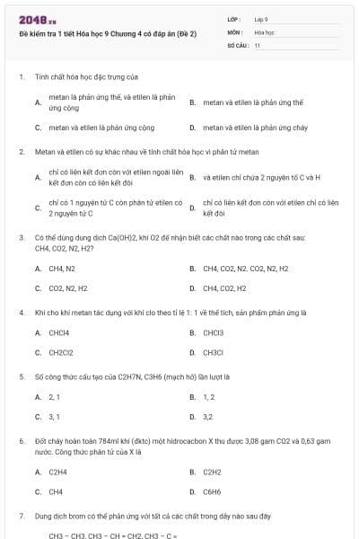 Đề kiểm tra 1 tiết Hóa học 9 Chương 4 có đáp án (Đề 2)