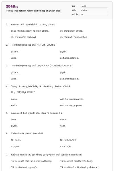 15 câu Trắc nghiệm Amino axit có đáp án (Nhận biết)