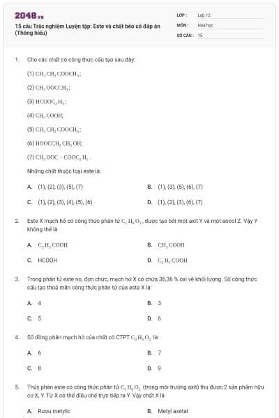 15 câu Trắc nghiệm Luyện tập: Este và chất béo có đáp án (Thông hiểu)