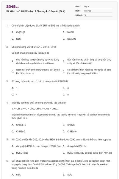 Đề kiểm tra 1 tiết Hóa học 9 Chương 4 có đáp án (Đề 4)