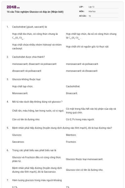 16 câu Trắc nghiệm Glucozơ có đáp án (Nhận biết)