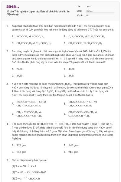 10 câu Trắc nghiệm Luyện tập: Este và chất béo có đáp án (Vận dụng)