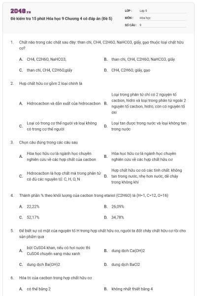 Đề kiểm tra 15 phút Hóa học 9 Chương 4 có đáp án (Đề 5)