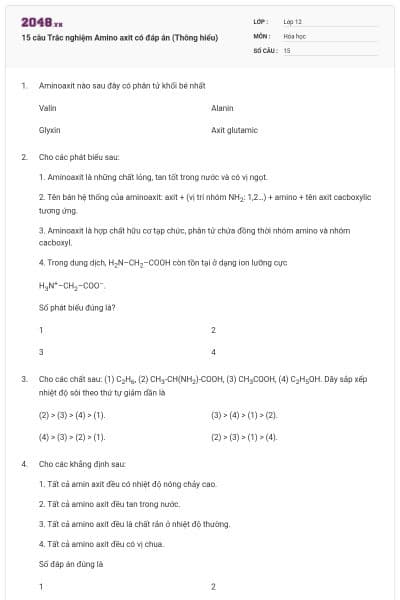 15 câu Trắc nghiệm Amino axit có đáp án (Thông hiểu)