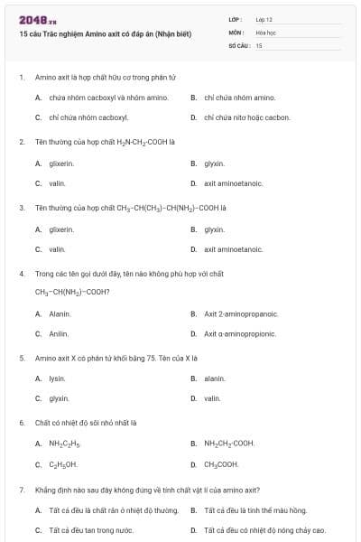 15 câu Trắc nghiệm Amino axit có đáp án (Nhận biết)