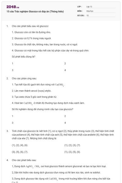 15 câu Trắc nghiệm Glucozơ có đáp án (Thông hiểu)