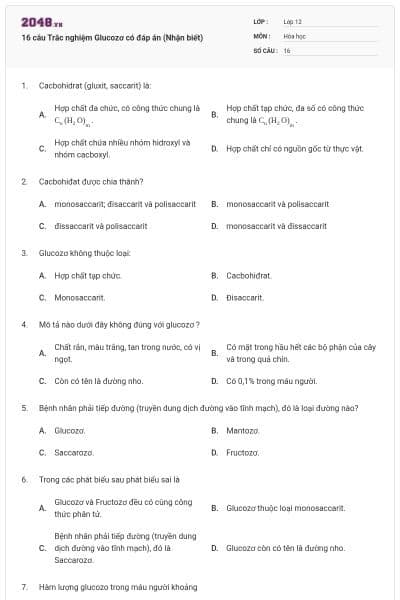 16 câu Trắc nghiệm Glucozơ có đáp án (Nhận biết)