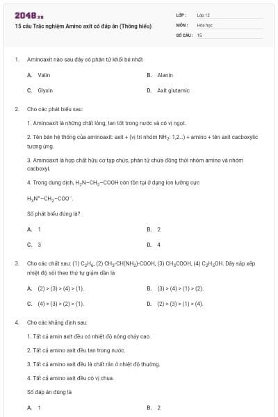 15 câu Trắc nghiệm Amino axit có đáp án (Thông hiểu)