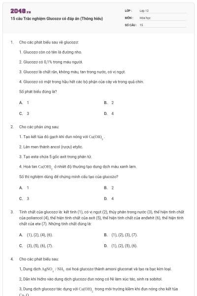 15 câu Trắc nghiệm Glucozơ có đáp án (Thông hiểu)
