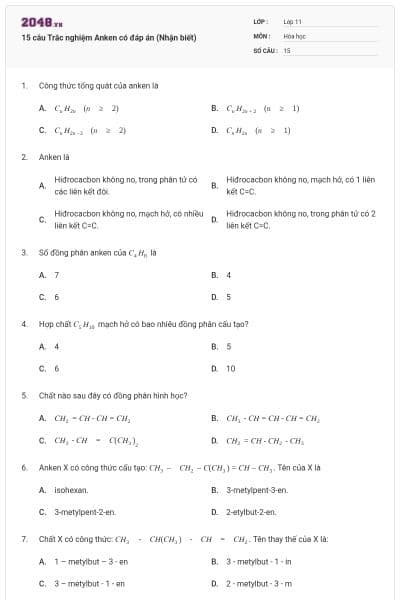 15 câu  Trắc nghiệm Anken có đáp án (Nhận biết)