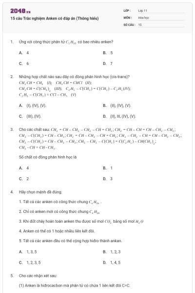 15 câu  Trắc nghiệm Anken có đáp án (Thông hiểu)