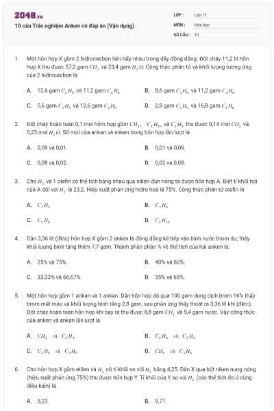 10 câu Trắc nghiệm Anken có đáp án (Vận dụng)