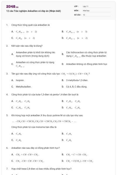 12 câu Trắc nghiệm Ankađien có đáp án (Nhận biết)