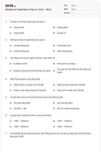 Đề kiểm tra 15 phút Địa Lí 6 Học kì 1 (Lần 1 - Đề 2)