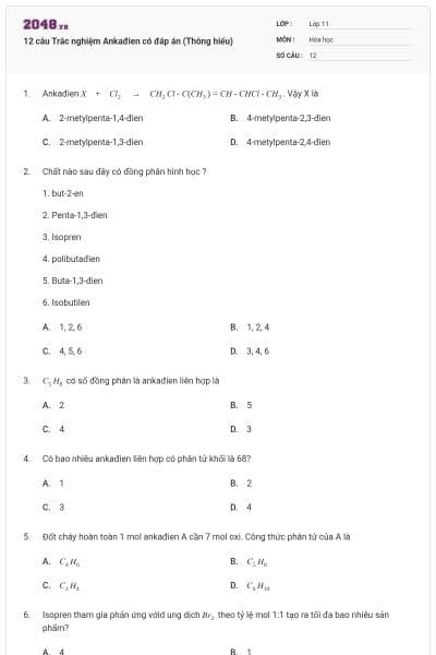 12 câu Trắc nghiệm Ankađien có đáp án (Thông hiểu)