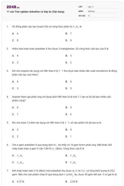 11 câu  Trắc nghiệm Ankađien có đáp án (Vận dụng)