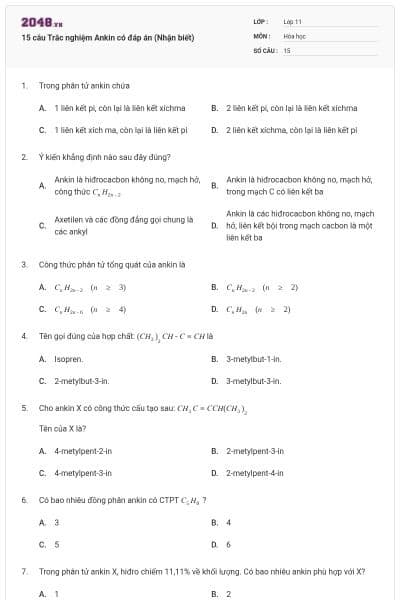 15 câu  Trắc nghiệm Ankin có đáp án (Nhận biết)