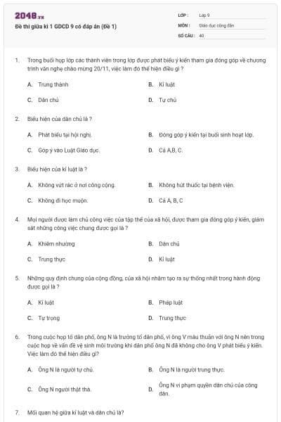 Đề thi giữa kì 1 GDCD 9 có đáp án (Đề 1)