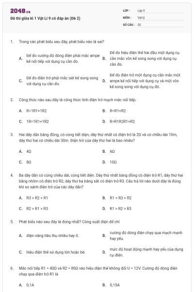 Đề thi giữa kì 1 Vật Lí 9 có đáp án (Đề 2)