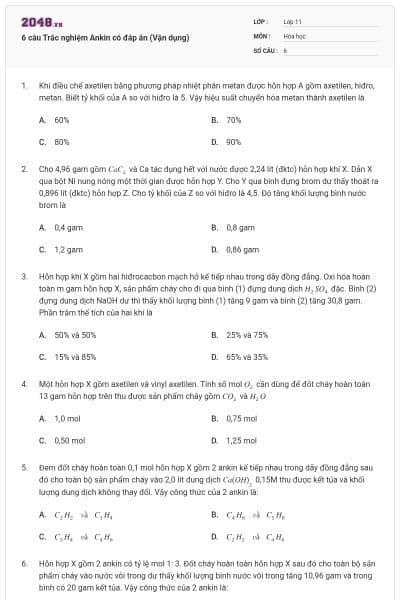 6 câu Trắc nghiệm Ankin có đáp án (Vận dụng)