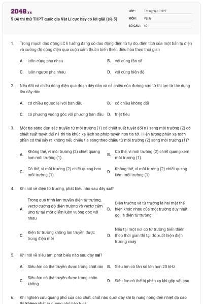5 Đề thi thử THPT quốc gia Vật Lí cực hay có lời giải (Đề 5)