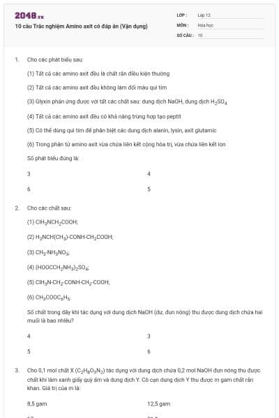 10 câu Trắc nghiệm Amino axit có đáp án (Vận dụng)