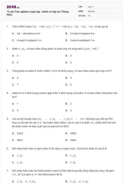 15 câu Trắc nghiệm Luyện tập : Ankin có đáp án (Thông hiểu)