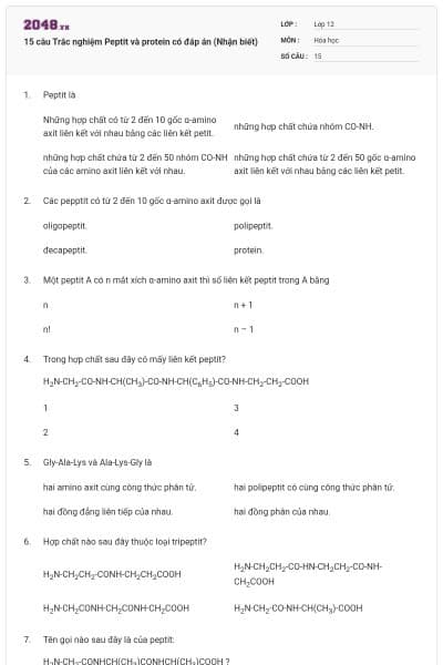 15 câu Trắc nghiệm Peptit và protein có đáp án (Nhận biết)
