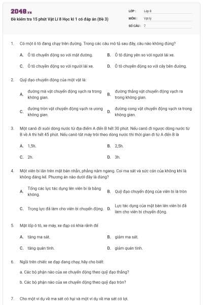 Đề kiểm tra 15 phút Vật Lí 8 Học kì 1 có đáp án (Đề 3)